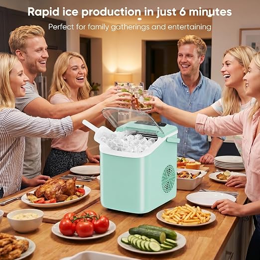 DUMOS Ice Maker Countertop, Ice Machine with Portable Handle, Basket and Scoop, 26lbs Daily, 9 Bullet Cubes in 6-8 Mins, Auto-Cleaning for Home, Kitchen, Office, Outdoors, RV Camping