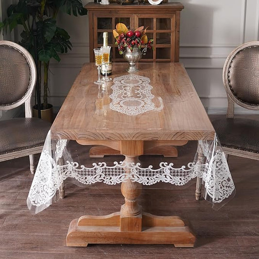 Rectangle Waterproof Clear Table Cover Protector Vinyl Table Cloth Oil Spill Proof Wipe Clean Lace Plastic Tablecloths for Dining Tables (White, 52 x 70 Inches)