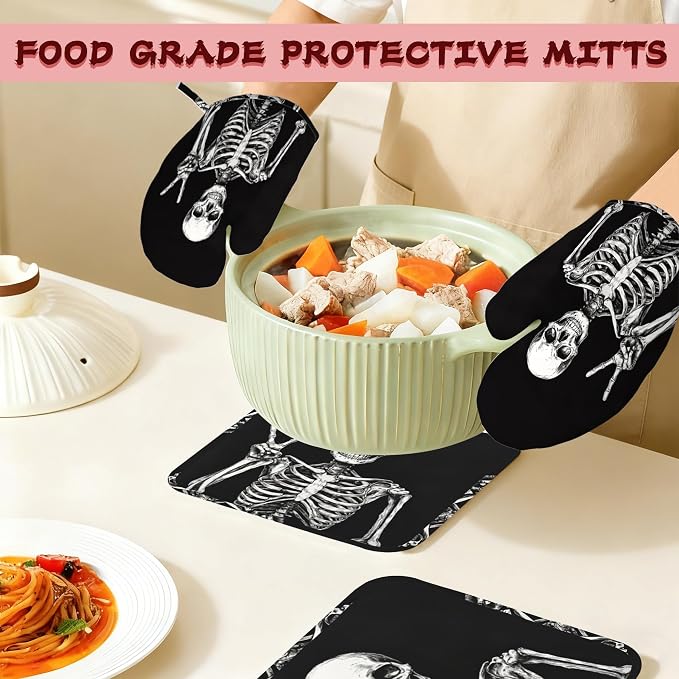 Funny Skull Heat-Resistant Silicone Oven Mitts and Pot Holders 4 Piece Set,Extra Long Non-Slip Kitchen Oven Gloves for Cooking, Baking, BBQ,Grilling