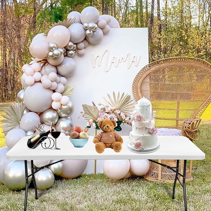 6 Pack Stretch Fabric Table Top Cap Cover, fits 6' Tables, Spandex Table Covers Washable Elastic Universal Rectangle Tablecloth Protector for Indoor Outdoor Party Picnic Wedding, White, 30" W x 72" L