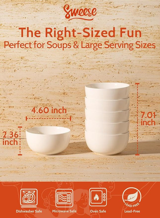 Sweese 10 Oz Porcelain Bowls Set of 6 - Versatile for Cereal, Soup, Salad, Pasta, Oatmeal - Microwave Dishwasher Safe, White
