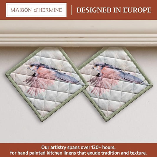 Maison d' Hermine Pot Holders 100% Cotton Potholders (8" x 8", Pack of 2) | Heat Resistant Hot Pads with Loop BBQ Cooking Baking Farmhouse Kitchen Handling Hot Pans Spring Summer - Flying Birds