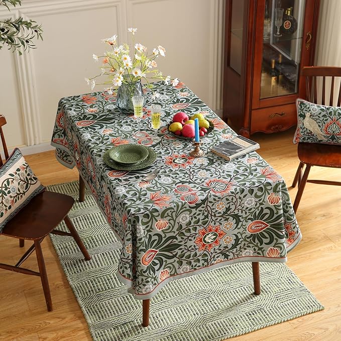 ISAENNE Designer Bohemian Linen Green Small Rectangular Tablecloth,Floral Indoor Table Cloth,Stain Resistant Decor Tablecloths for Dining Thanksgiving Kitchen Party Christmas,55"*71"-Naples