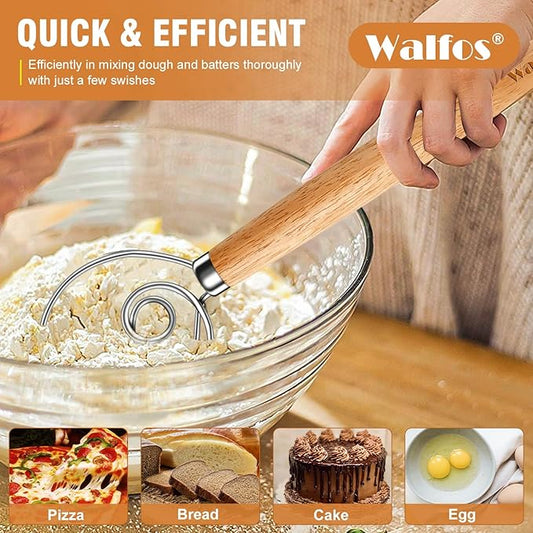 Walfos Wood Danish Dough Whisk, Wooden Sourdough Mixer With Stainless Steel Ring, Kitchen Hand Bread Whisking Tool for Cake, Pizza, Pastry, Biscuits