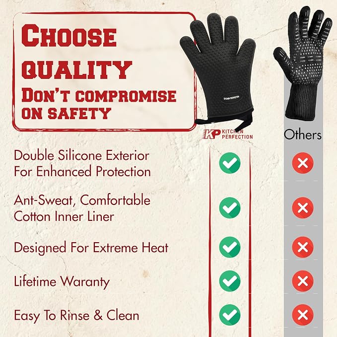 KITCHEN PERFECTION Silicone Griddle Grill Gloves Heat Resistant Oven Mitts | Waterproof, 5-Finger Design For A Better Grip, Best Griddle Grilling Accessories, Compatible with Blackstone, Weber & More
