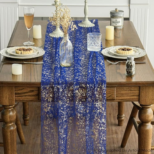 Artoid Mode Blue Gold Gauze Table Runner 120 Inch 10FT, Glitter Metallic Foil Sheer Dining Wedding Anniversary Holiday Table Decor for Home Party