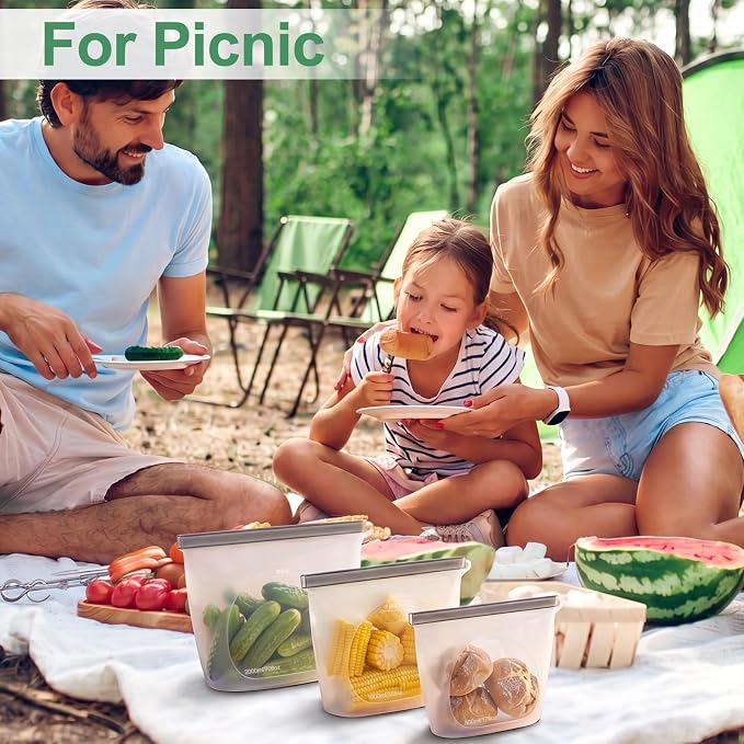 Silicone Reusable Food Storage Bags 6 Pack,Reusable Freezer Bags,Stand Up Wide-Mouth Zipper Container,Food Storage Bag Easy-Clean Sandwich,Microwave & Dishwasher,Eco Friendly(17oz,35oz,70oz)