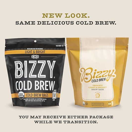 Bizzy Organic Cold Brew Coffee | Light & Bright Blend | Coarse Ground Coffee | Light Roast | Micro Sifted | Specialty Grade | 100% Arabica | Brew Bags | 4 Count | Makes 14 Cups (Pack of 2)