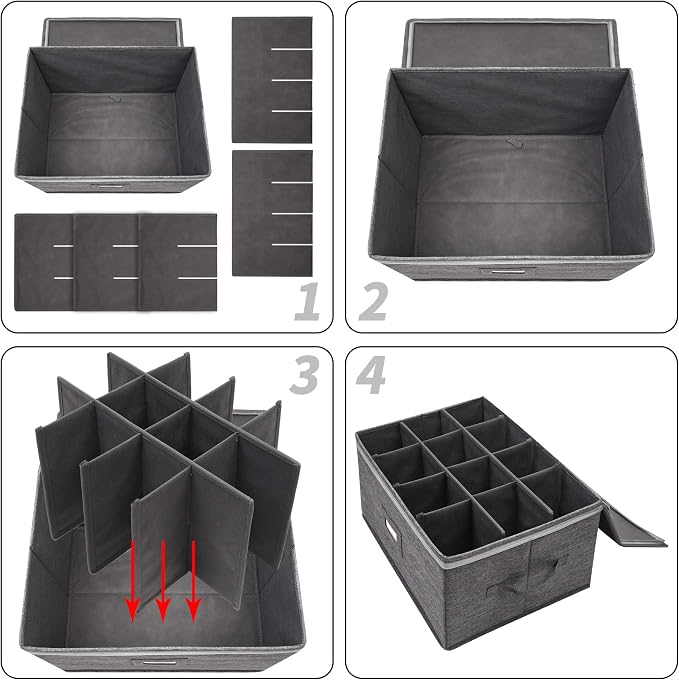 popoly Stemware Storage Containers (2 pack), Wine Glass Storage Box with Dividers for Glassware or Crystal, Holds 12 Red or White Wine Glasses, Hard Top and Stackable (Grey) | Glassware Storage Containers Holds 24 Red, White Wine Glasses or Crystal, St...