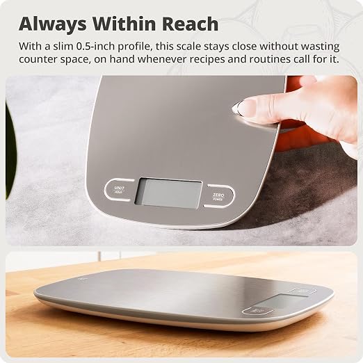 Greater Goods Food Scale – Digital Kitchen Scale, 1g Precision, Easy-Tare & Quick Conversion, Slim Compact Design, Durable & Portable | Ideal for Cooking, Baking & Meal Prep (Stainless Steel)