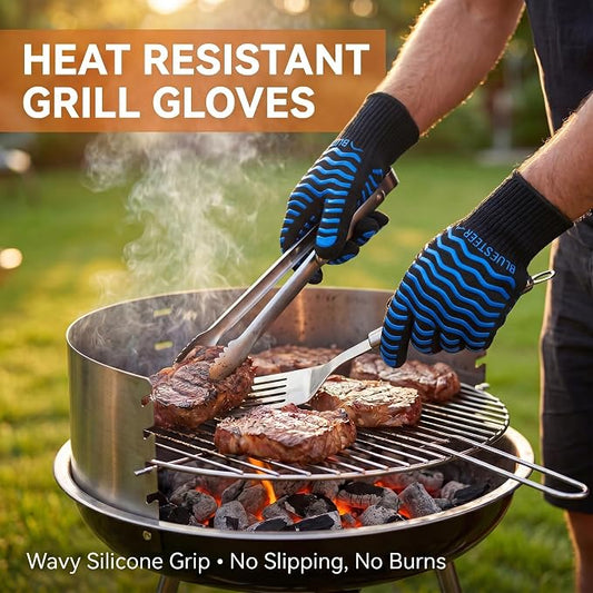 BBQ Gloves 1472°F Heat Resistant Oven Gloves with Fingers Heat Proof Grill Gloves Non-Slip Silicone Oven Mitts for Kitchen Cooking Grilling Baking Smoking