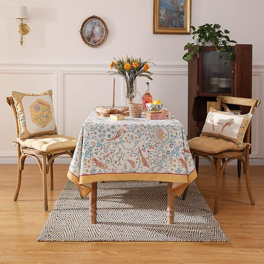 patdrea Designer Vintage Square Table Cloth,Yellow Linen Floral Birds Pattern Colorful Tablecloths,Decorative Table Cover for Kitchen Dining Banquet,Christmas,Thanksgiving,67"x67"-Magnolia