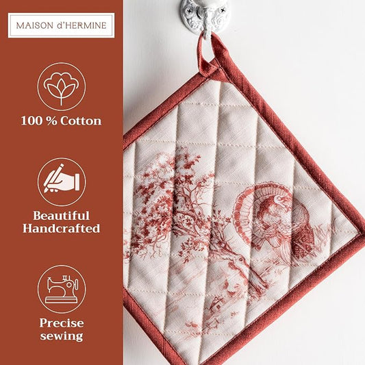 Maison d' Hermine Pot Holders 100% Cotton Potholders (8" x 8", Pack of 2) | Heat Resistant Hot Pads with Loop BBQ Cooking Baking Kitchen Handling Hot Pans Thanksgiving Christmas - Holy Jouy - Brown