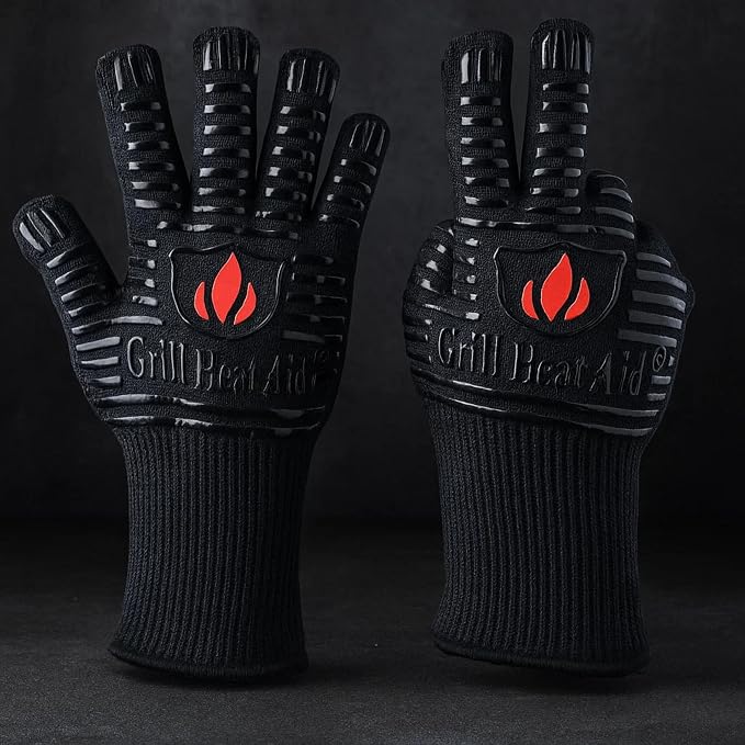 GRILL HEAT AID Extreme Heat Resistant BBQ Gloves - 1472°F Grill Gloves Heat Proof for Men EN407 Certified Fireproof Grilling Gloves for Fire Pit & Smoker, High Temp Grill Mitts for Outdoor Pizza Oven
