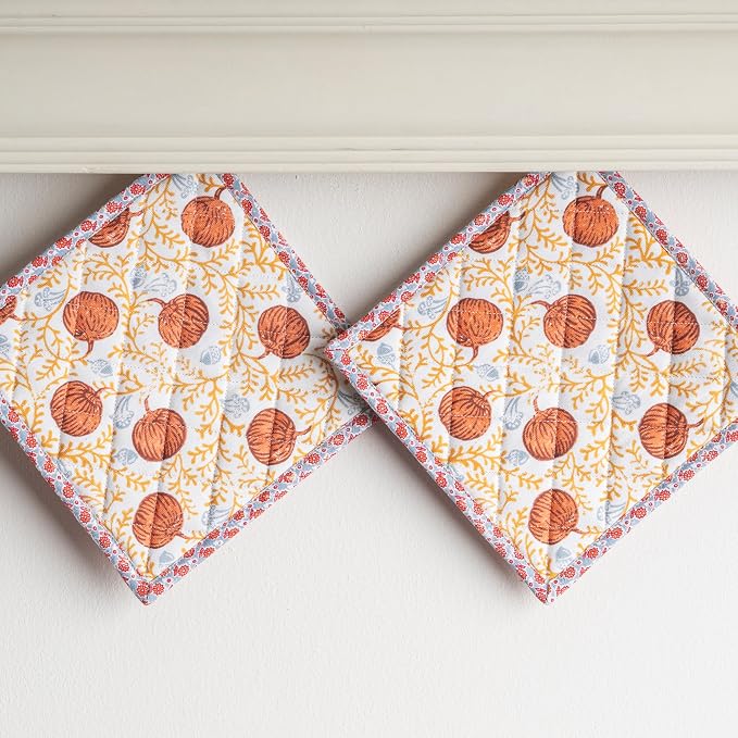 Maison d' Hermine Pot Holders 100% Cotton Potholders (8" x 8", Pack of 2) | Heat Resistant Hot Pads with Loop BBQ Cooking Baking Kitchen Handling Hot Pans Thanksgiving Christmas - Harvest Festival