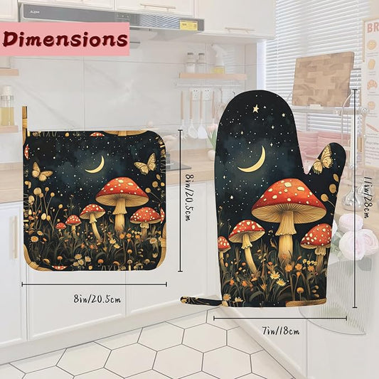 Magic Mushroom Heat-Resistant Silicone Oven Mitts and Pot Holders,Butterfly Moon Long Oven Gloves with Non-Slip Grip for Cooking, Baking, Grilling,BBQ