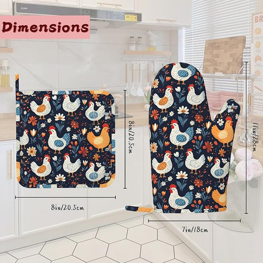 Cute Roosters Hens Chicks Heat-Resistant Silicone Oven Mitts and Pot Holders,Flower Field Long Oven Gloves with Non-Slip Grip for Cooking, Baking, Grilling,BBQ