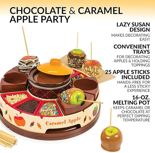 Nostalgia Chocolate & Caramel Fondue Pot, 25 Sticks, Fondue Machine with Decorating and Toppings Trays, Brown