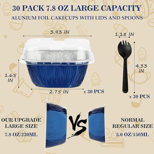 30PCS 7.8OZ Mini Cake Pans with Lids - Individual Cupcake Containers for Birthday Party, Navy Blue