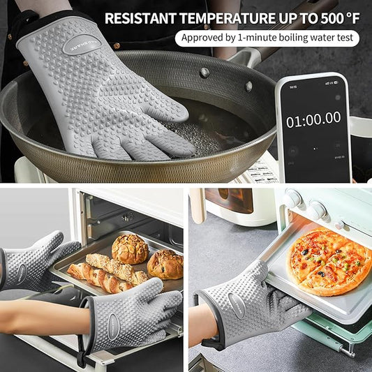 MAD SHARK Silicone Oven Mitts Heat Resistant 450 Degrees,Waterproof & Non-Slip Oven Gloves with Fingers,Cotton Lined Silicone Oven Gloves Kitchen Mitts for Baking Cooking Barbecue,Women,Oven (GREY1)