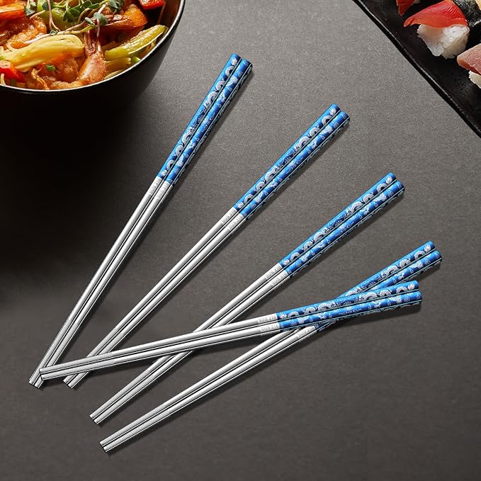 5 Pairs Blue Dragon Chopsticks Set Stainless Steel 316 Reusable Kitchen Eating Utensils Non Slip Chop Sticks Dishwasher Safe Tableware Gift Set 9.26 inches
