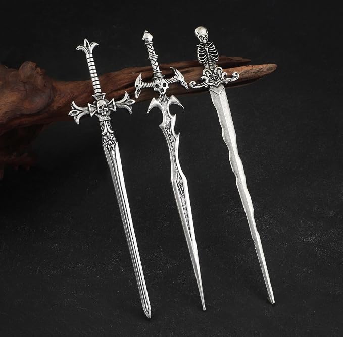 3PCS Skull Sword Hair Pins for Women, Metal Hair Sticks Set, Gothic Hair Accessories, Fantasy Decorative Hair Pins, Medieval Hair Stick Set for Bun Updo Long Thick Hair
