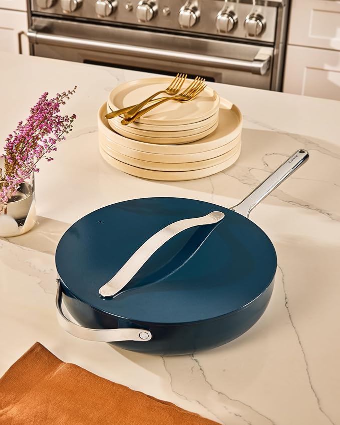 Caraway Nonstick Ceramic Sauté Pan with Lid (4.5 qt, 11.8") - Non Toxic, PTFE & PFOA Free - Oven Safe & Compatible with All Stovetops (Gas, Electric & Induction) - White