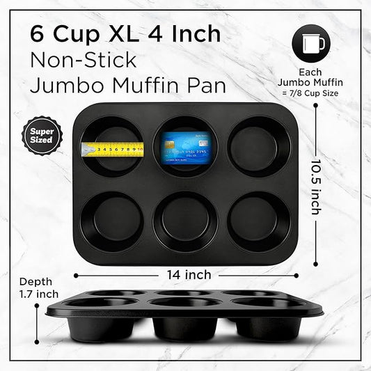 Wrenbury Jumbo Muffin Pan 6 Cup - Nonstick XL Deep Muffin Pan for Baking 3.75" Cup - Big Cup Tin - Oversized Extra Large Cupcake Mold - Dishwasher Safe - PTFE Free