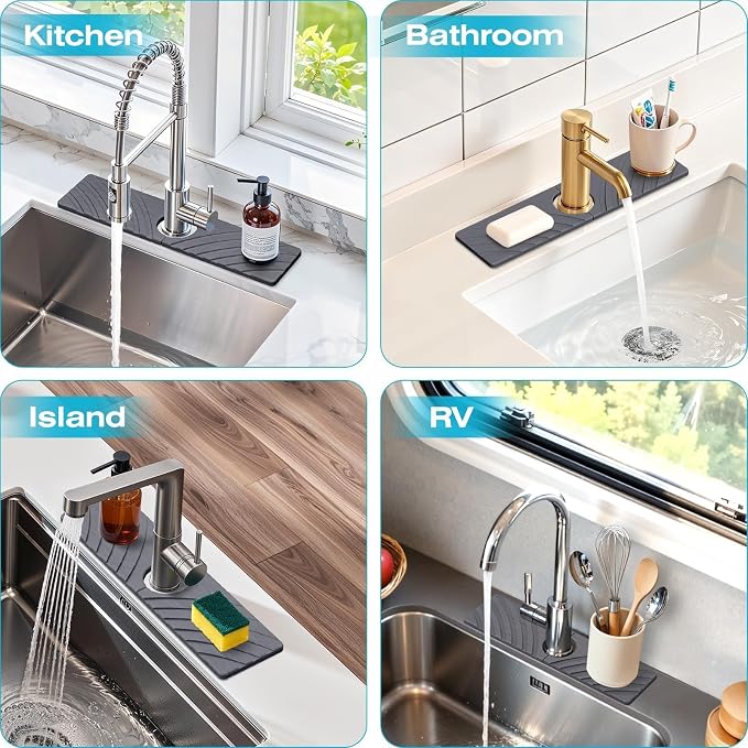 SpaceHacks Stone Faucet Mat for Kitchen Sink - Fast Drying Diatomite Stone Drying Mat, Textured Drainage Sink Protector, Water Splash Guard with Base Pads for Bathroom Counter (15.7x4 in, Dark Gray)