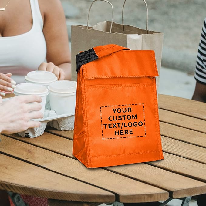 DISCOUNT PROMOS 100 Hook and Loop Insulated Lunch Bags Set - Customizable Text, Logo - Polyester, Durable, Vibrant, Reusable - Orange