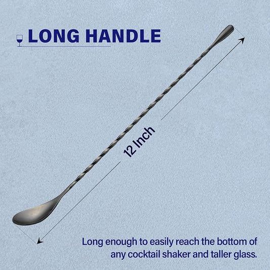 Briout Bar Spoon Cocktail Mixing Stirrers for Drink, Stainless Steel 12 Inches Long Handle, Black 2 Pieces