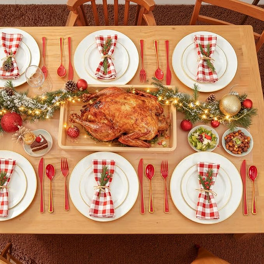 WDF 180 Pieces Red and Gold Plastic Silverware - Disposable Christmas Utensils Include 60 Forks, 60 Knives and 60 Spoons - Heavy Duty Red Plastic Cutlery - for Christmas/Party