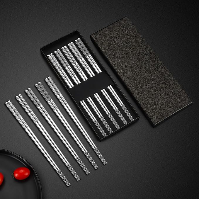 Metal Chopsticks Reusable 316 Stainless Steel Chopsticks Multipack Dishwasher Safe Chop Sticks Square Fancy Laser Engraved Non-slip Korean Chopstick for Cooking Eating 9.45 Inches 5 Pairs Gift SetS