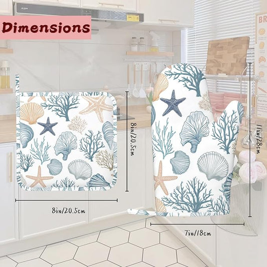 Starfish Coral Shells Ocean Silicone Oven Mitts and Pot Holders,Heat-Resistant 4 Piece Kitchen Set Non-Slip Oven Gloves and Hot Pads for Cooking, Baking, Grilling,BBQ