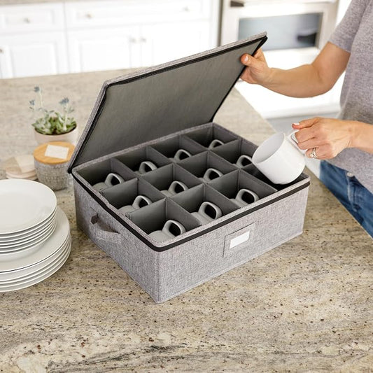 Cup Storage Container - 16" x 13" x 6"H - Holds 12 Coffee Cups - Tea Cups - Mugs - Hard Shell and Stackable - Includes Insert Card for Labeling and Padded Dividers