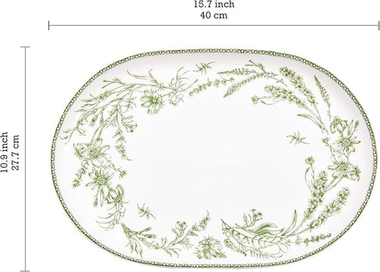 Bico Green Garden Toile De Jouy 16 plus 12 inch Oval Platters Set, Set of 2, Microwave and Dishwasher Safe, for Serving Fish, Chicken, Turkey