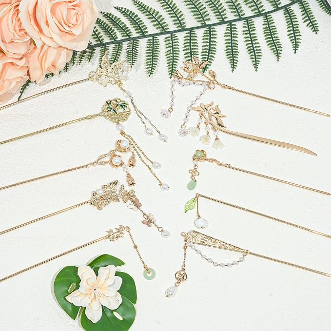 10Pcs Gold Vintage Hair Sticks Pins Metal Long Hairpins with Butterfly Flower Pearls Beads Jade Tassel Pendant Asian Chinese Hanfu Hair Chopsticks Hair Bun Updo Holders Hair Accessories for Women