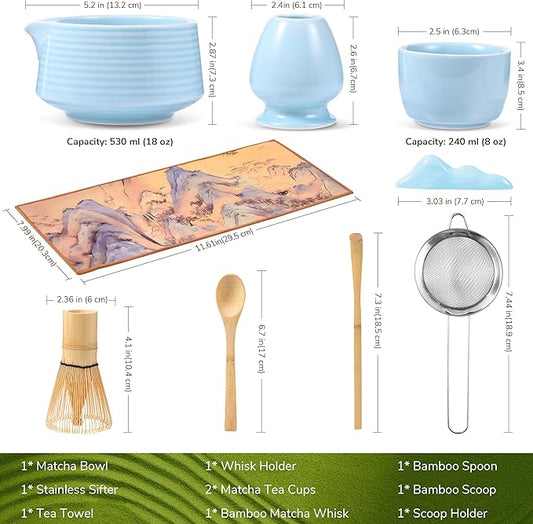 HELPLX Matcha Whisk Set 10-Piece Japanese Matcha Kit with BowlWhisk & Holder2 Tea CupsBamboo ScoopSpoonSifterScoop Rest & Tea Towel – Blue Matcha Tea Set for Ceremony or Daily Use