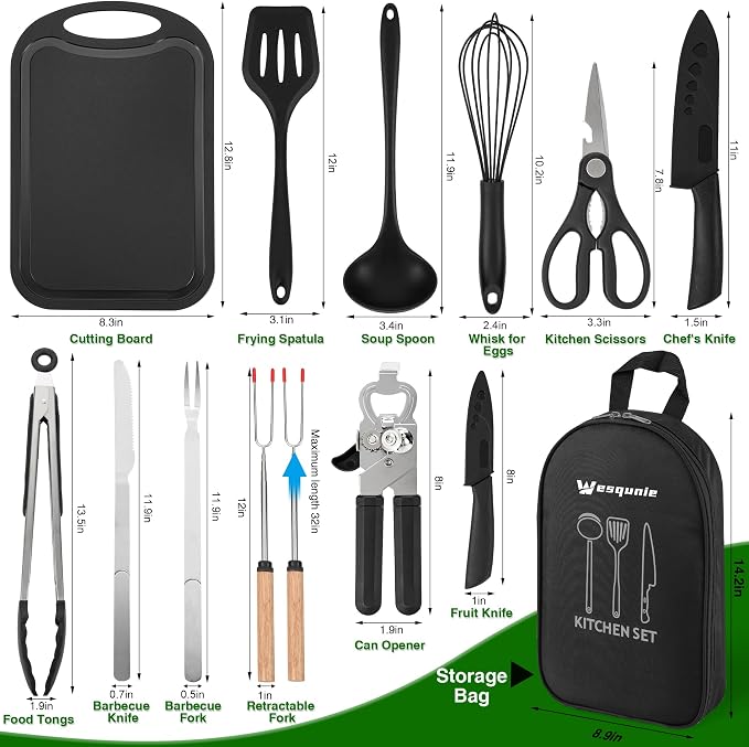 Wesqunie Camping Cooking Utensils Set, Cookware Set for Outdoor Hiking BBQ | Stainless Steel & Silicone Mess Kit, Durable Outdoor Kitchen Gear for Hiking, RV, Picnic Grill & Travel Camping Meal Prep