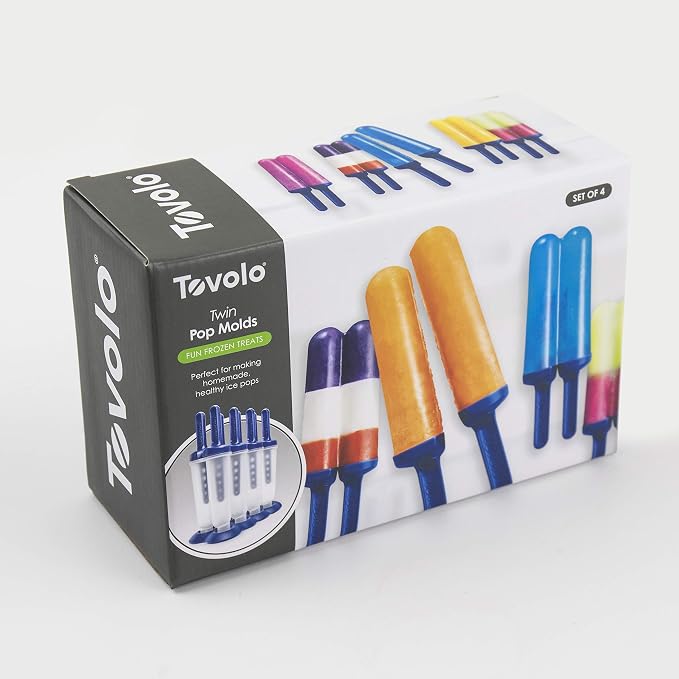 Tovolo Twin Popsicle Mold with Sticks 4 Pack Reusable Ice Pop Molds for Homemade Flavored Popsicles Treats Frozen Snacks, Silicone Popsicle Maker with Stand for the Freezer BPA Free Dishwasher Safe