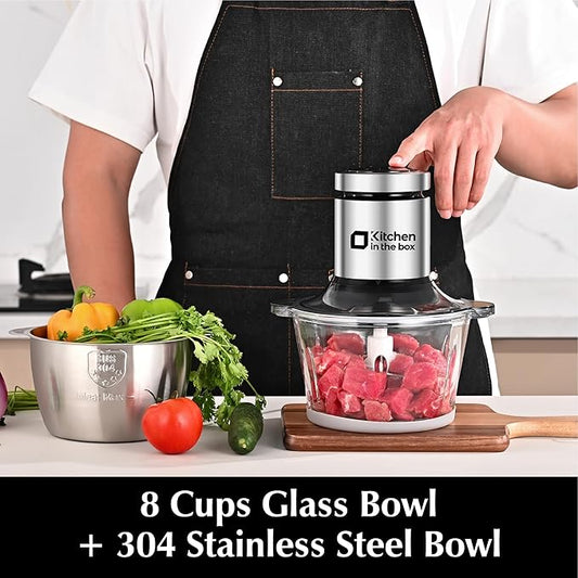 Kitchen in the box Food Processor, Electric Meat Grinder & Food Chopper with 400W Powerful Veggie Chopper-2 Bowls(8 Cup+8 Cup) & 2 Bi-Level Blades for Meat/Fish/Vegetable/Baby Food(Black Button)