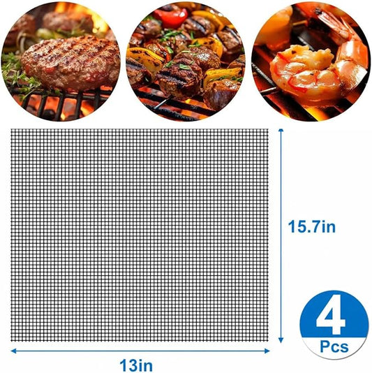 GWHOLE Non-Stick BBQ Grill Mesh Mat Set of 4, Reusable BBQ Grill Accessories Grilling Mesh Sheet for Outdoor Grill Cooking Baking Barbecue, 15.7" x13"