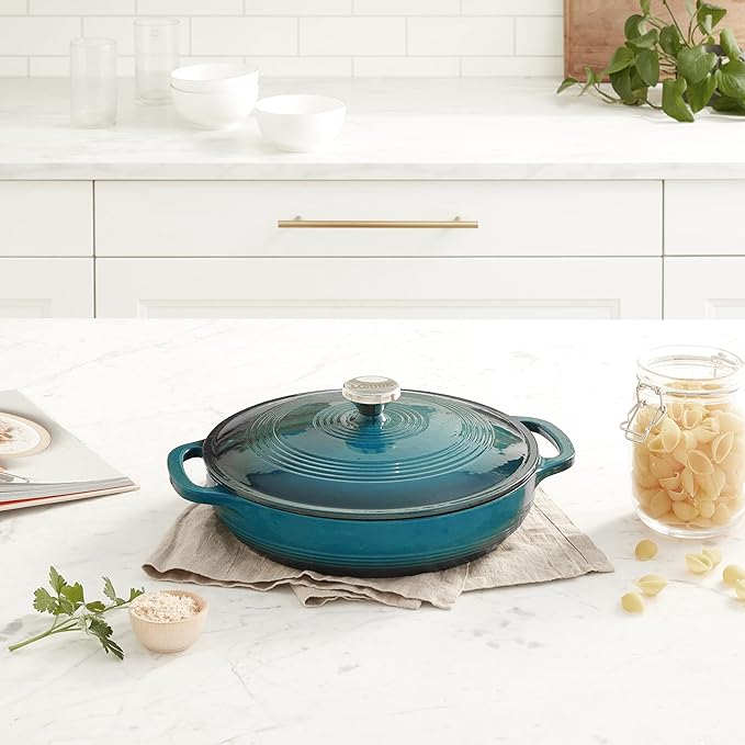 Lodge Essential Enamel Braiser 3.5 Quart - Refrigerator- & Oven-Safe up to 500° F - Heat-Retaining, Induction-Safe & PFAS-Free Enamel Cookware - Lagoon