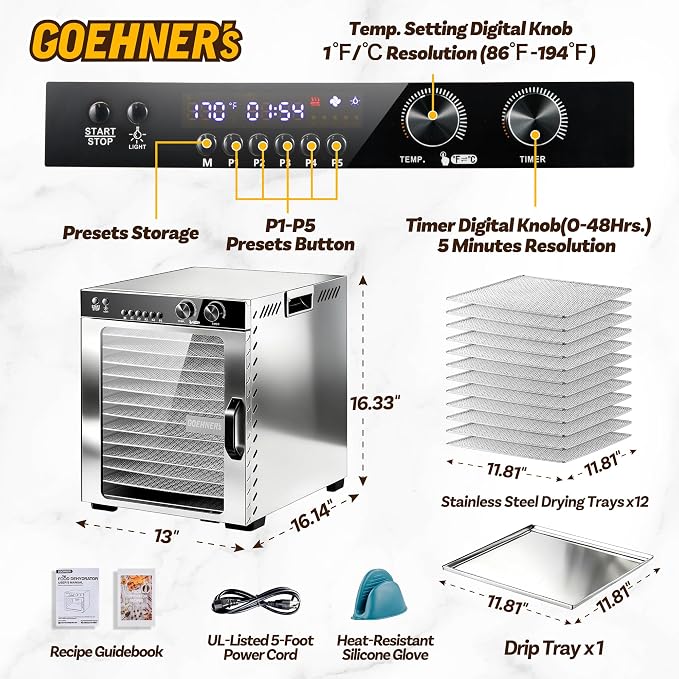 Commercial Food Dehydrator Machine 12 Stainless Steel Trays, 12ft² Meat Dehydrator for Jerky Up to 194°F with 5 Presets and 48H Timer, 1100W Food Dryer for Dog Treats, Herbs, Fruit and Veggies