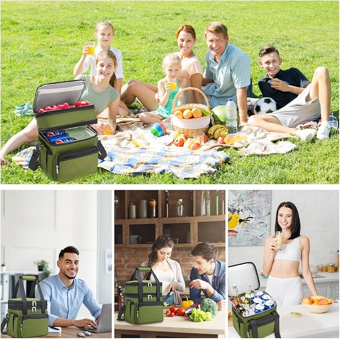 holuxer Insulated Lunch Bag & Lunch Box for Men - Double Deck Reusable Lunch Bag for Women Tote Cooler Bag Leakproof Soft Expandable - Large Lunchbox for Work/Adult/Picnic/Outdoor (Green,15L)