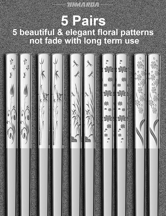 TINMARDA Metal Chopsticks Reusable 5 Pairs 18/8 Stainless Steel Chopstick Beautiful Engraving Patterns Dishwasher Safe Non-Slip Japanese Korean Chop Sticks Present Set