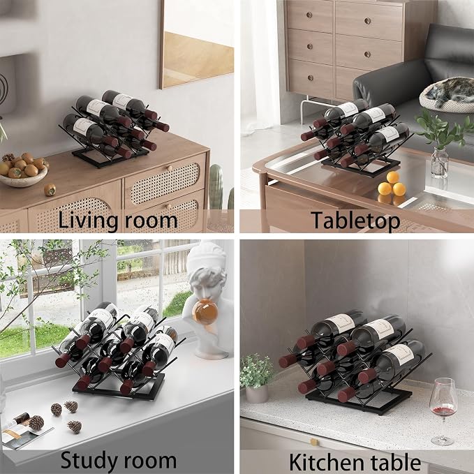 Wine Rack Countertop, Black Metal Wine Bottle Organizer for Home Bar, Kitchen, Cabinet, Pantry, Tabletop Wine Racks for Cup and Water Bottle –7 Bottles Wine Storage Capacity.