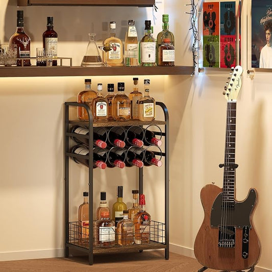 3-Tier Wine Rack Freestanding Floor Cabinet Corner Bar Cabinet Bar Cart,12 Individual Wine Storage Bottle Compartments Corner Bar Cabinet Holder,Wood + Black Frame Liquor Cabinet