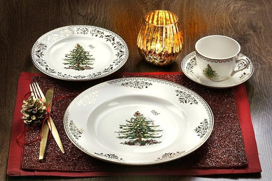 Spode Christmas Tree Gold 4-Piece Holiday Dinnerware Set - Fine Earthenware Tableware with 22K Gold Accents - Dinner Plate, Salad Plate, Teacup & Saucer - Festive Christmas Tableware, Dishwasher Safe