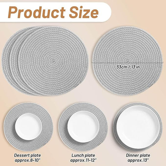 Billbotk Round Woven Placemats Set of 4, 13 Inches Table Place Mats for Dining Table, Hot Pads for Kitchen, Trivets for Hot Dishes, Pots and Pans,Tabletop Accessories(LightGray) 